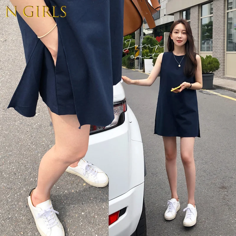 

N GIRLS Jumpsuits&Rompers Rompers&Playsuits Chic Summer Minimalist All-match O Neck Sleeveless Tank Split Vintage Casual
