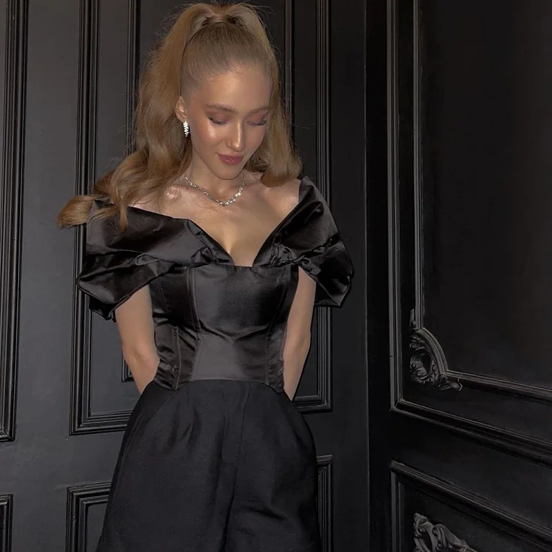 

Elegant Party Tops Pile Sleeves V Neck Tank Tops Solid Off Shoulder Women Summer 2022 Fashion Backless Lace Up Corset Crop Top