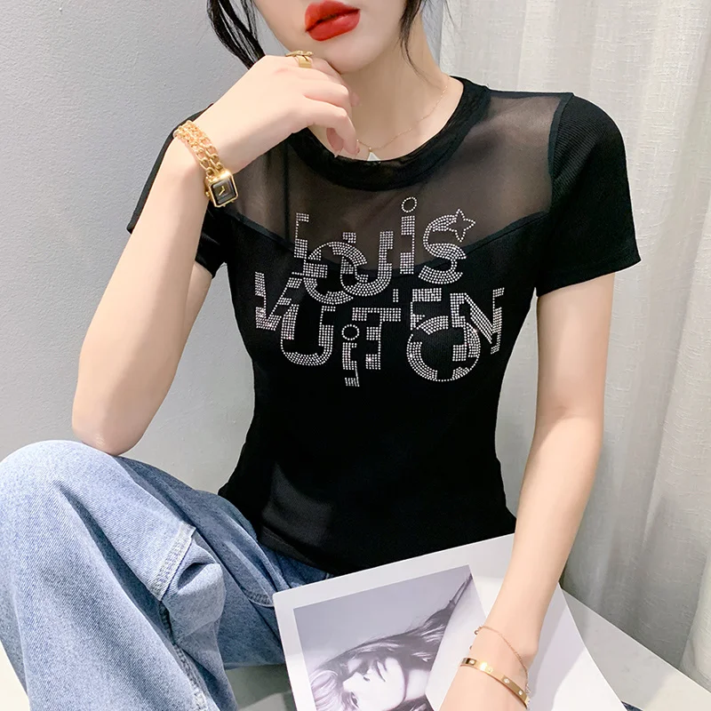 

#7398 Summer Spliced Mesh Perspective T Shirt Women Diamonds Sexy Tight Short Office Vintage T-shirt Female Round Neck Retro
