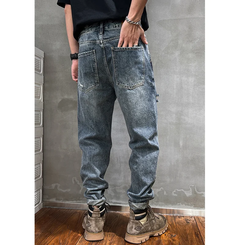 Streetwear Men Vintage Recreational Blue Ripped Jeans Loose Straight Cylinder Broad Leg Trousers Autumn Female 2022 New Style