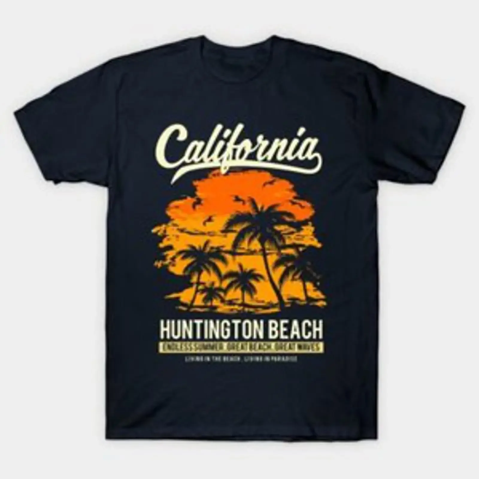 Фото Футболка Huntington Beach California Sunset, размеры S-5XL, быстрая доставка, винтажная, мягкая, стильная, унисекс, слегка эластичная. №1