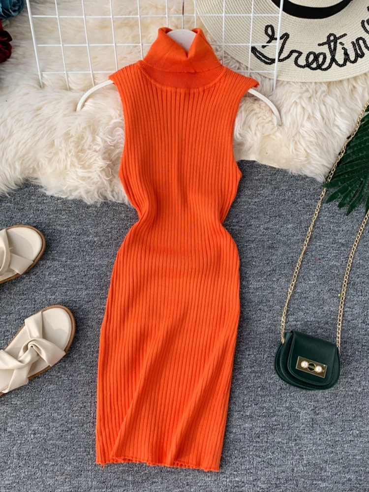 

Hikigawa Chic Fashion Knitted Dresses For Women Solid Elegant Hlaf High Collar Sleeveless Bodycon Dress Vintage Vestidos Mujer
