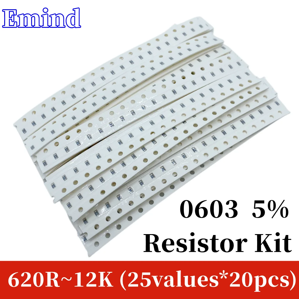 

0603 SMD Resistor Kit Assorted Kit 5% 620R~12K 25Values*20pcs=500Pcs 680R 750 820 Ohm 1 1.2 2 2.2 3 3.3 4.7 6.8 7.5 8.2 10K