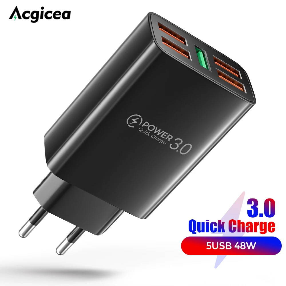 

48W 5 USB Charger Quick Charge 3.0 For iPhone 13 12 Pro Max 11 Xiaomi Samsung Huawei Mate 40 Universal Mobile Phone Fast Charger