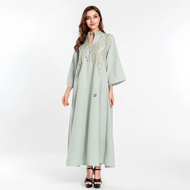 Party Caftan Diamond Long Sleeve Abaya Muslim Women Dubai Arabic Stand Collar Dress Elegant Vestidos Kaftan Ramadan 2023 New