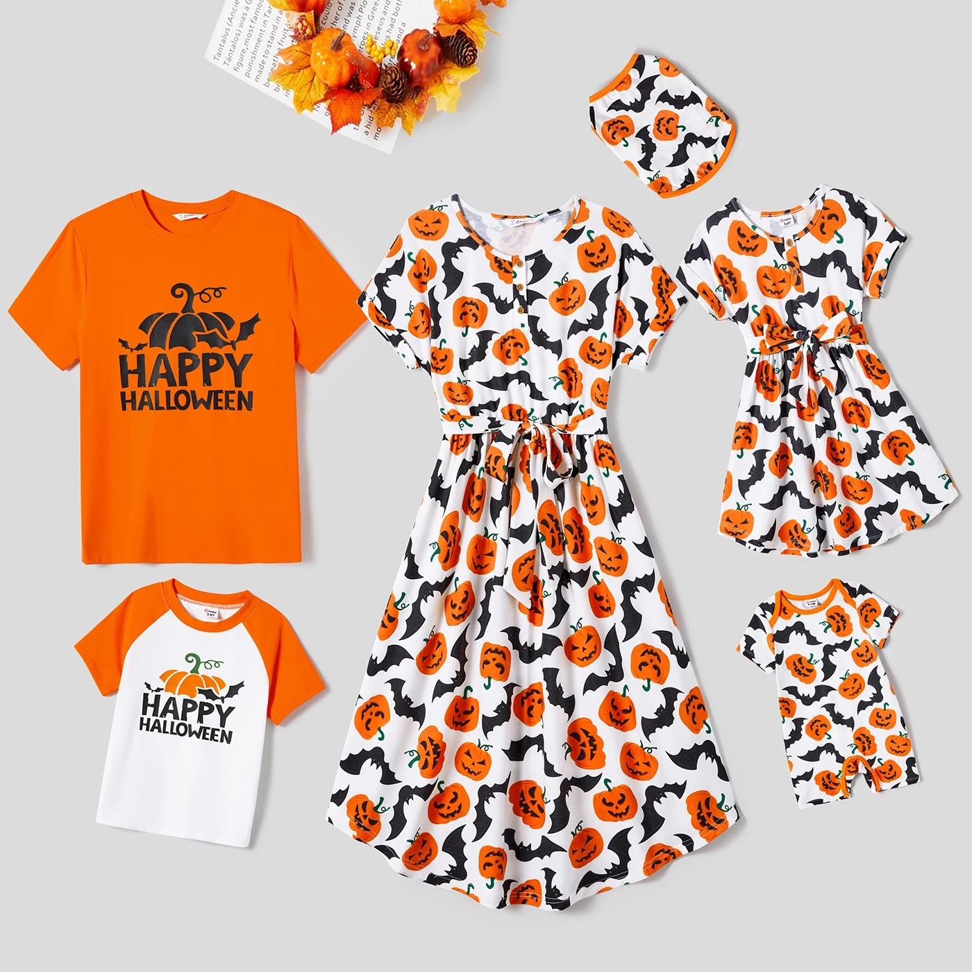 

PatPat Halloween Family Matching Pumpkin Print Belted Dresses and Solid Letter Print Short Sleeve Tops Sets