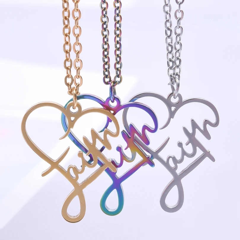 

New Necklaces For Women 2022 Heart Faith Stainless Steel Charms Chains Choker Pendant Jewelry Birthday Gifts collar One Piece