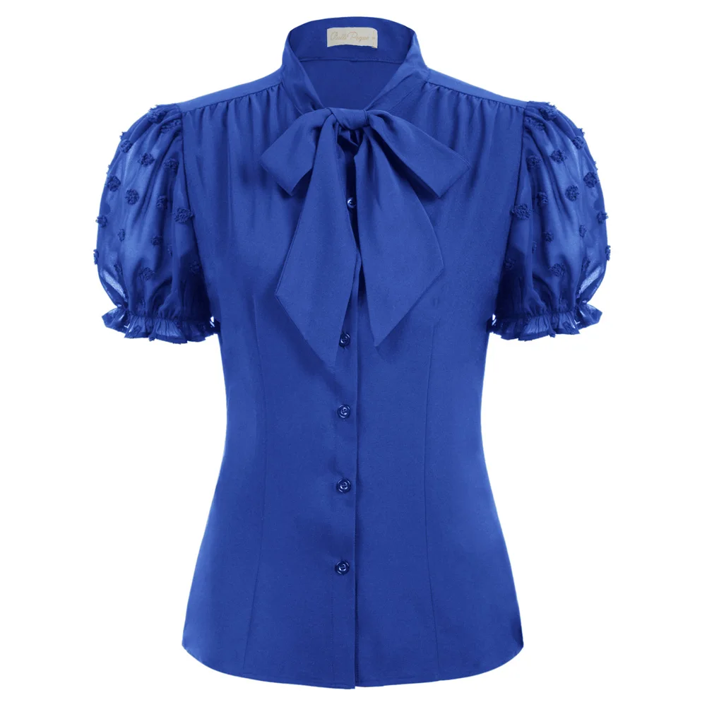 

BP Vintage Blouse Women Bow-Knot Decorated Dots Puff Sleeves Shirt Short Sleeve Stand Collar Tops Blouses Femme Women's Clothing