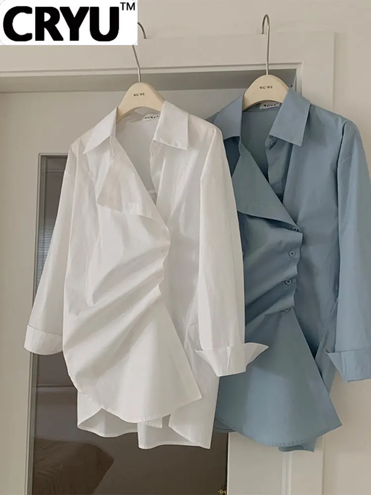 

Women Solid Color Double Breasted Design Retro Over-shirt Baggy Long Sleeve Pleated Blouses Asymmetric Split Hem Shirt Harajuku