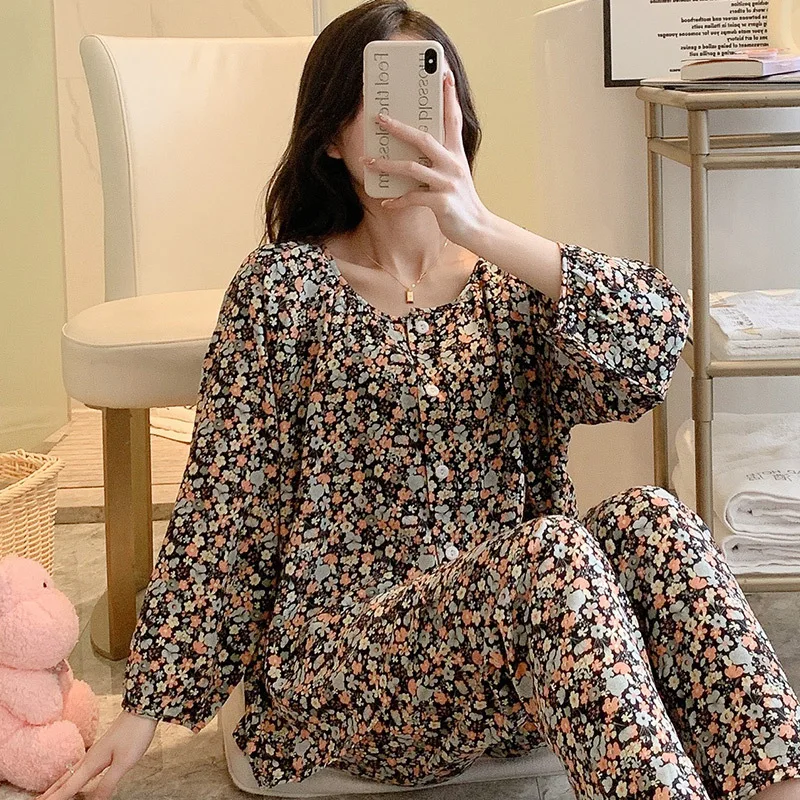 Ladies Pajamas Set Cotton Silk Long Sleeves Floral Cardigan Pijamas Sleepwear Sweet Pijamas Women