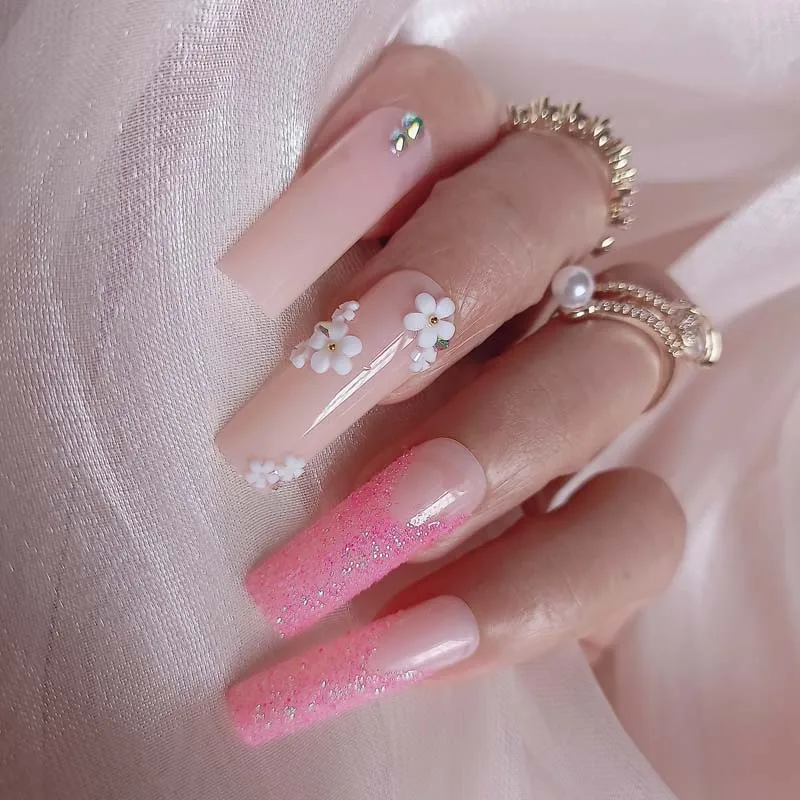 

24pcs luxury jewelry Crystal full of diamonds long ballet coffin fake nails pink