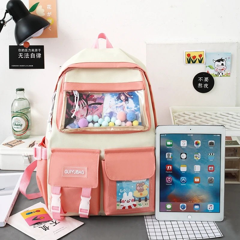 

4 Pcs Set Harajuku Women Laptop Backpack Canvas School Bags for Teenage Girls Kawaii College Student Kids Book Bag Rucksack 2022