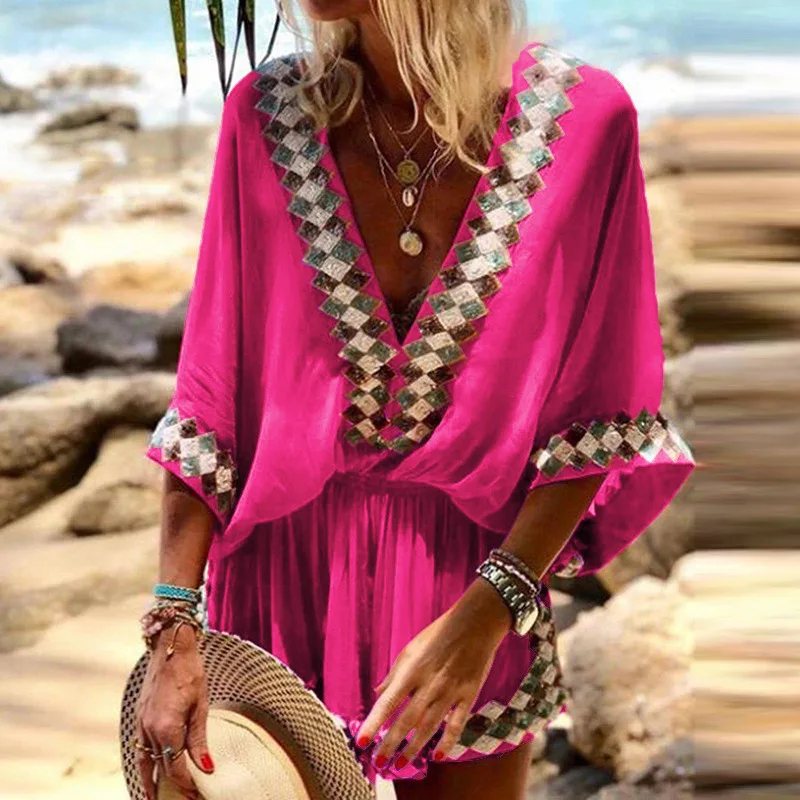 2023 Fashion Bohemian Romper Women V Neck Half Sleeve Summer Short Jumpsuit Vacation Beach Casual Print Playsuits Overalls
