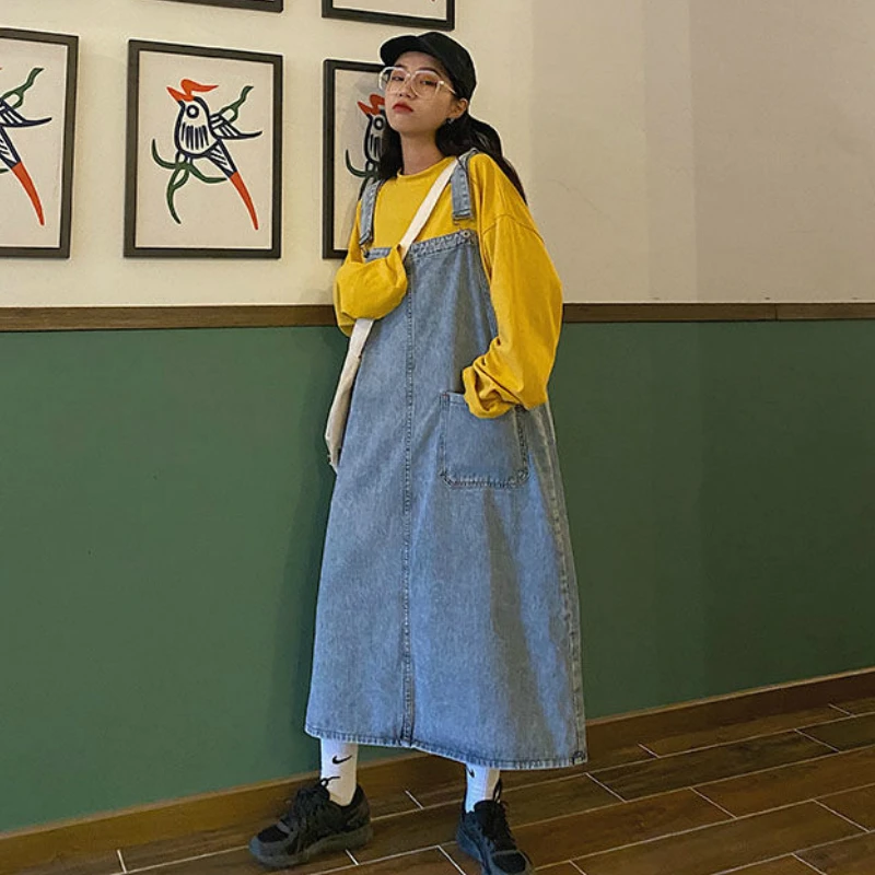 

A GIRLSDress Women Denim Spaghetti Strap Womens Sundress Korean Style Loose Oversize Summer Retro Streetwear Teens All-match