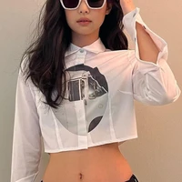 houzhou print slim white shirt woman sexy y2k long sleeve crop top korean fashion casaul cropped button up shirt chic blouse