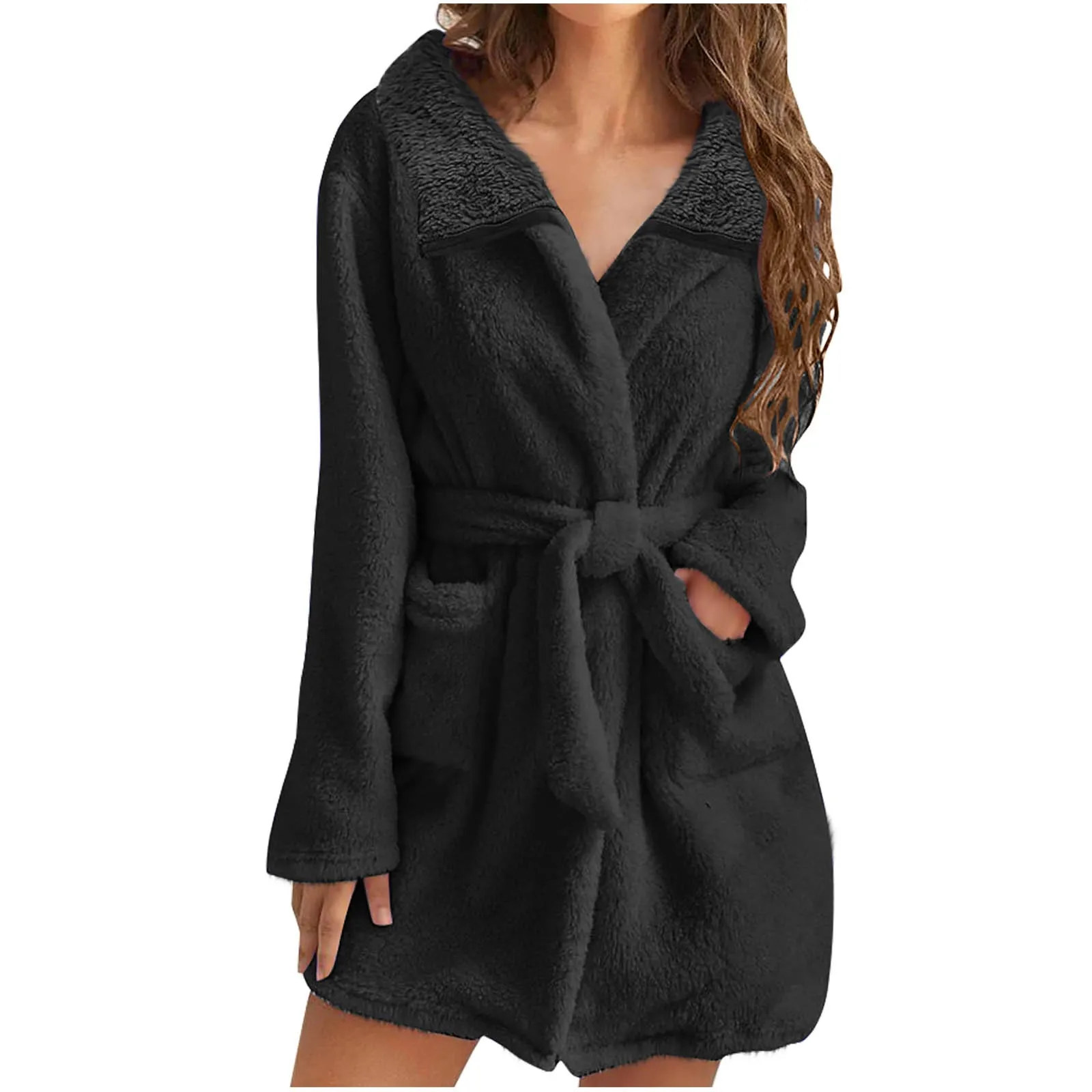 Women Bath Robe Winter Fluffy Plush Pyjamas Ladies Sexy Hooded Dressing Solid Color Gown Warm Bathrobe Female Home Clothing