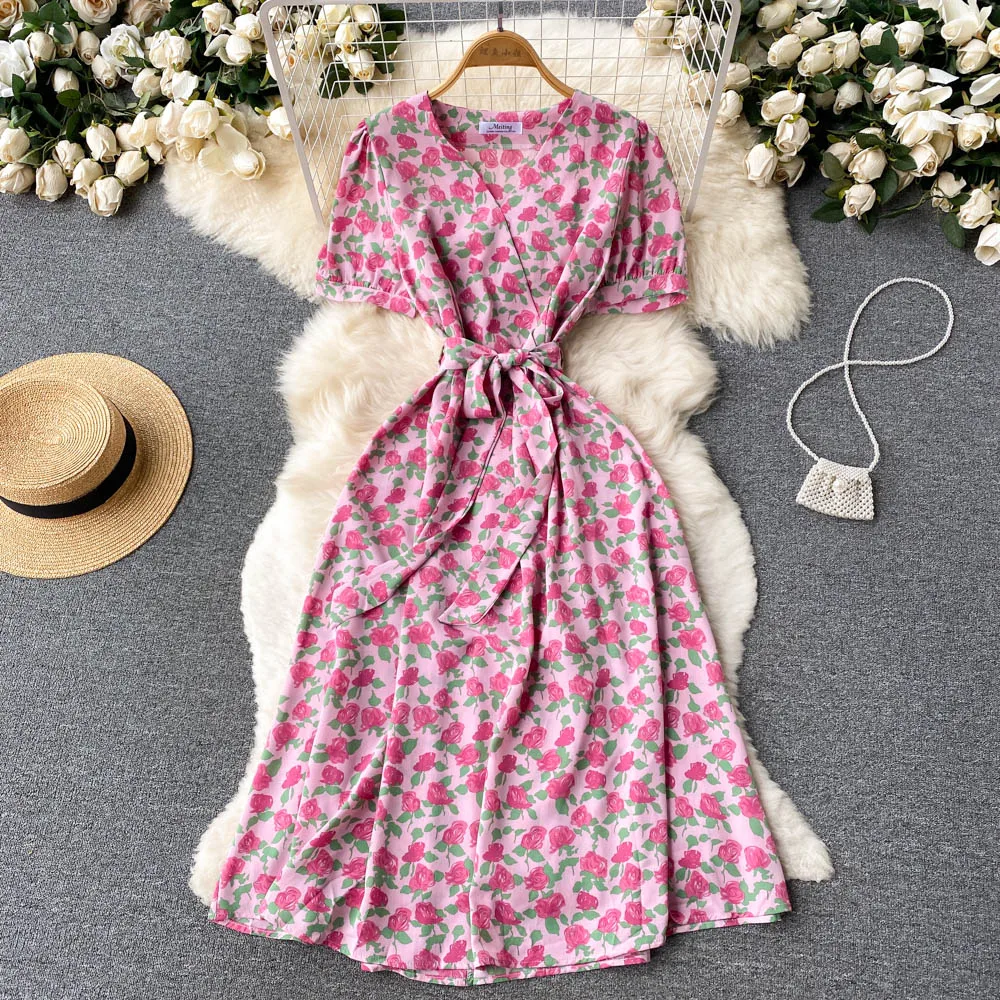 

Женский винтажный сарафан с цветочным принтом, Бандажное Плиссированное длинное платье с V-образным вырезом, высокой талией и оборками, Пля...