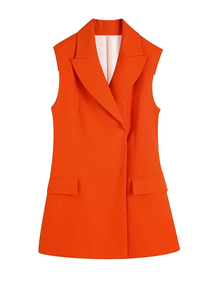 

Women 2022 Autumn Orange Long Waistcoat Vintage Sleeveless Pockets Snap Buttons Female Outerwear Chic Vest Tops