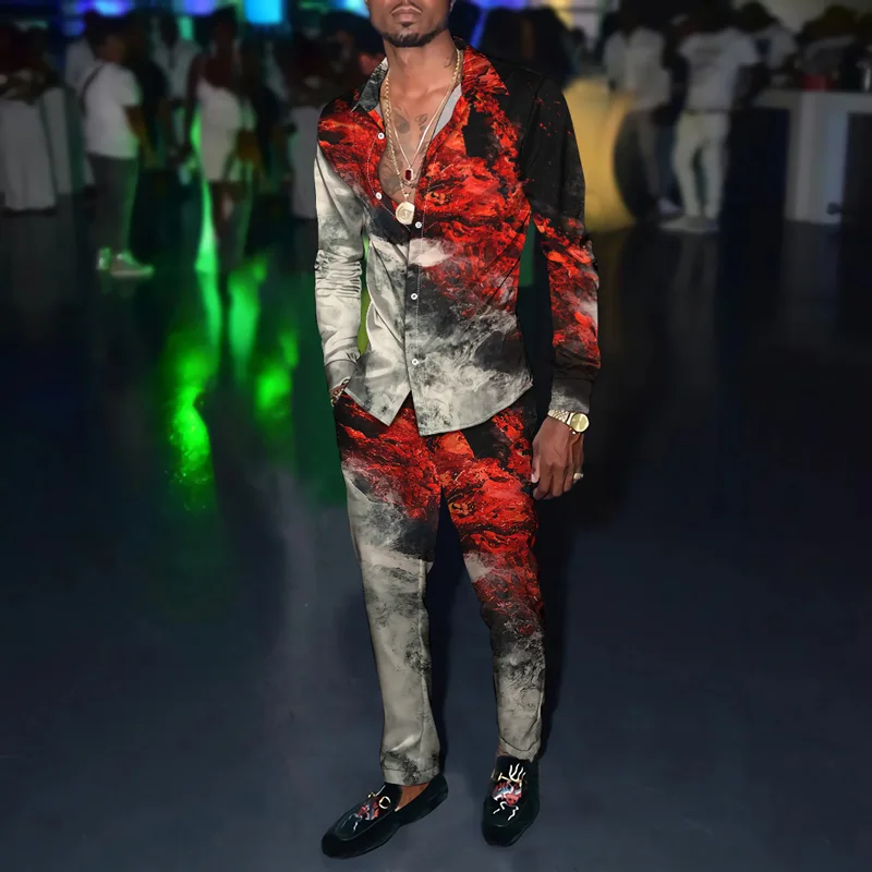 Spring Autumn Men Shirt + Pants 2 Piece Set Fashion Brand 3D Ink Dye Graph Suit Slacks European Size S-4XL Men's Clothing