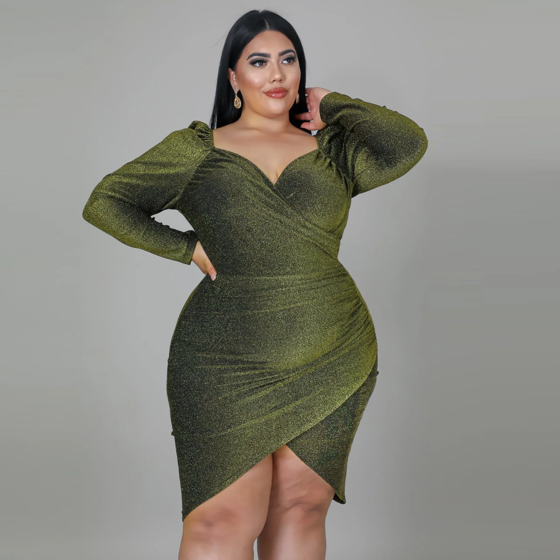 

Plus Size Dress for Women Gliiter Sexy Ladies Long Sleeve Summer Short Robe Ruched Night Club Party Dresses Big Sizes Curve