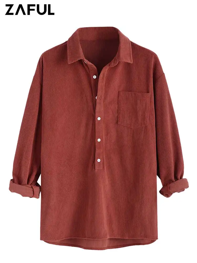 

ZAFUL Solid Color Corduroy Pullover Shirt for Men Half Button Long Sleeves Shirt Turn-down Collar Overshirt Tops Z5104774