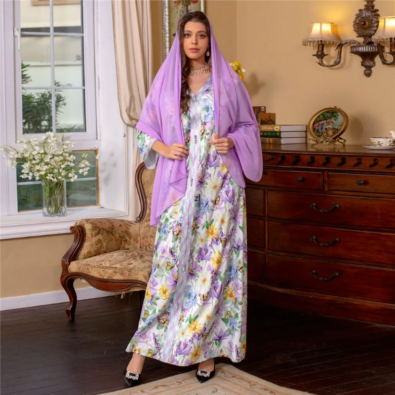 Ramadan Eid Floral Print Vintage Abaya Moroccan Kaftan Muslim Dress Hijab Women Turkey Jalabiya Arabic Oman Clothing Caftan Robe