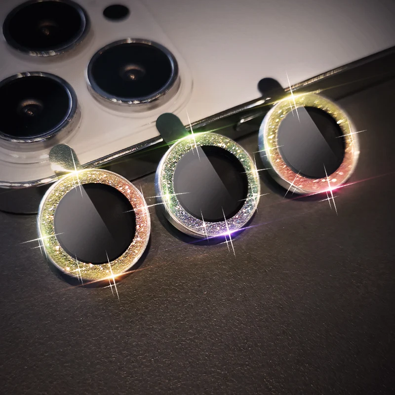 

For IPhone 13 Pro Max Metal Ring Lens Tempered Glass Film Camera Covers Gradient Flash Diamond Lens Film Camera Lens Protector
