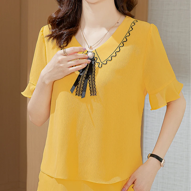 

Женская шифоновая рубашка с коротким рукавом, Повседневная блузка большого размера, элегантная однотонная одежда, Новинка лета 2022