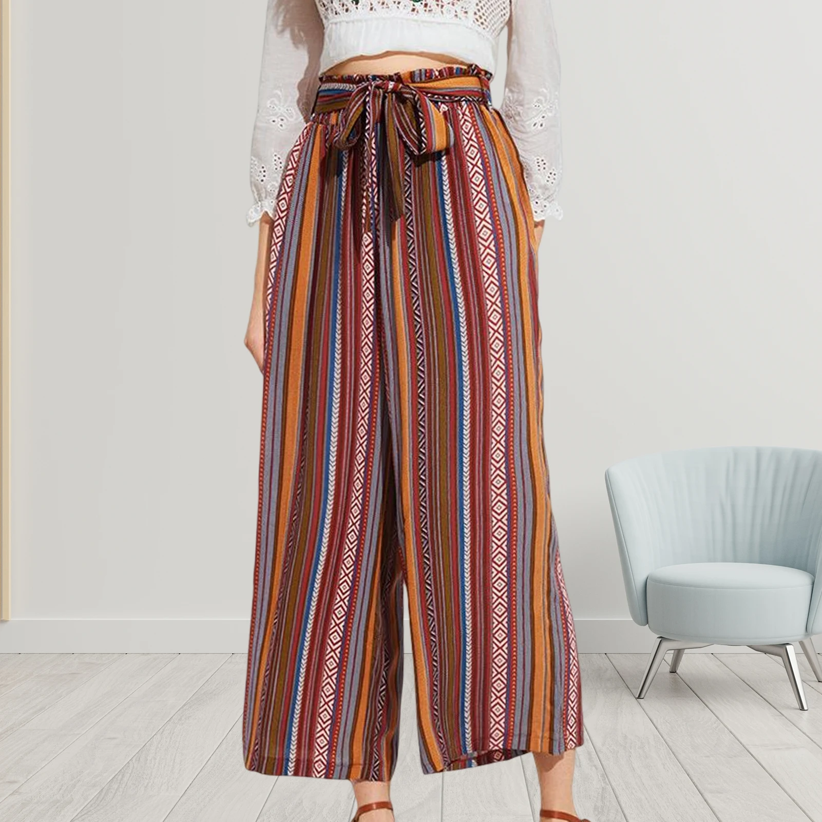 Women Wide Leg Pant Vertical Striped Ladies Casual Long Pants Ethnic Style Colorful Trousers High Waisted Vacation Outfit