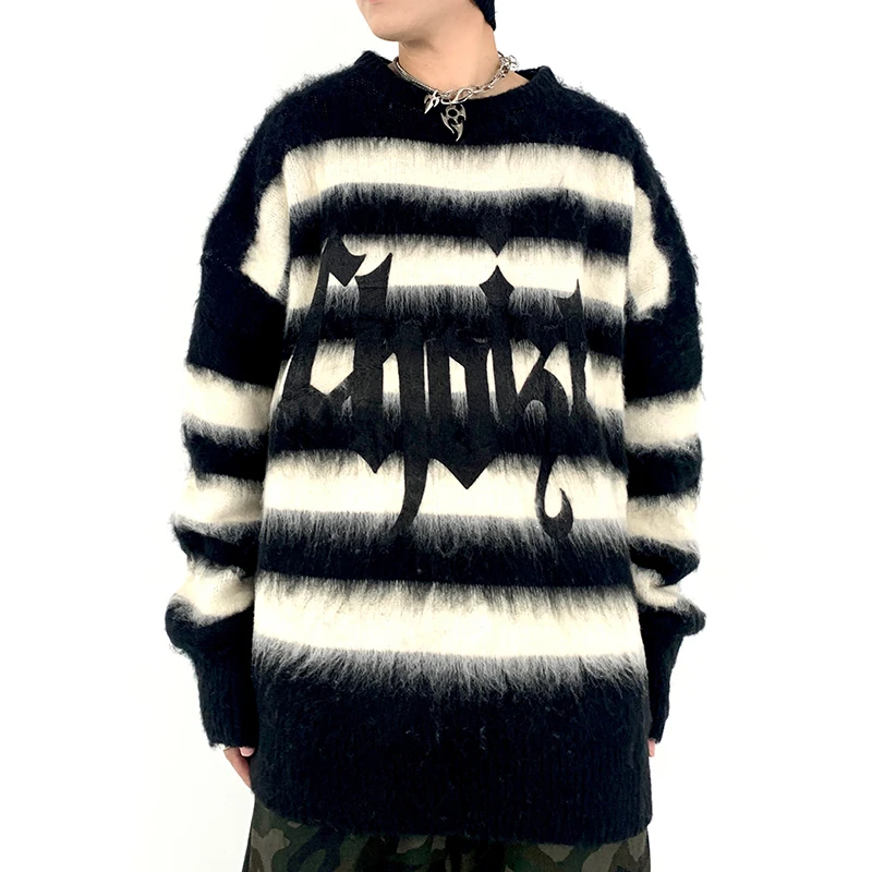 

Retro Color Match Striped Letter Knitted Sweater Men's and Women's Autumn Winter Streetwear Oversized O Neck Pullover Clothes