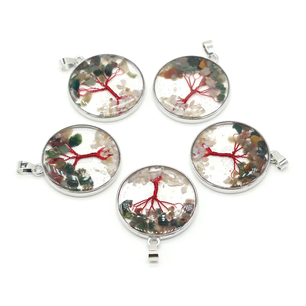 

Natural Stone Round Crystal Crushed Stone Tree Charm Pendant for Jewelry Making DIY Accessories Fit Necklace Earrings 33x33mm