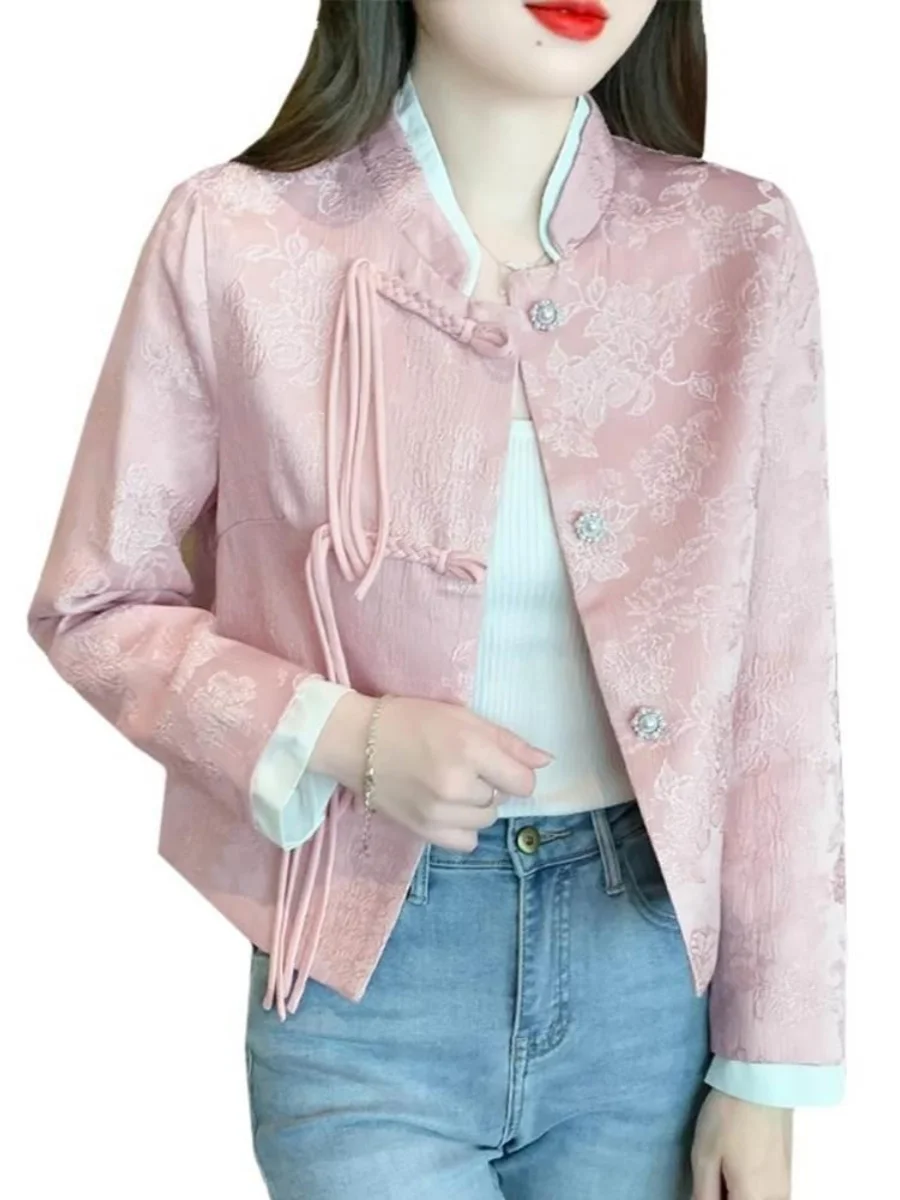 Pink Chinese Sle Graceful Outerwear Spring and Autumn European Goods Women clothes High Sense Wear Small Buckle Top