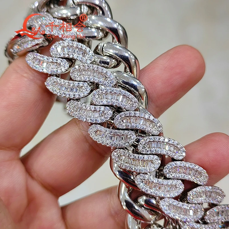Necklace S925 silver 16mm baguette moon Cuban Link Iced Out Hip Hop white Moissanite Link Chain Jewelry for Women Men Gifts