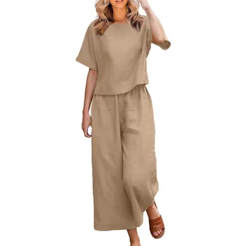 Women Cotton Linen Suit Fashion Comfortable Short Sleeve And Long Pants Solid Color Casual Loose oversized Summer Sets Dress Top 1