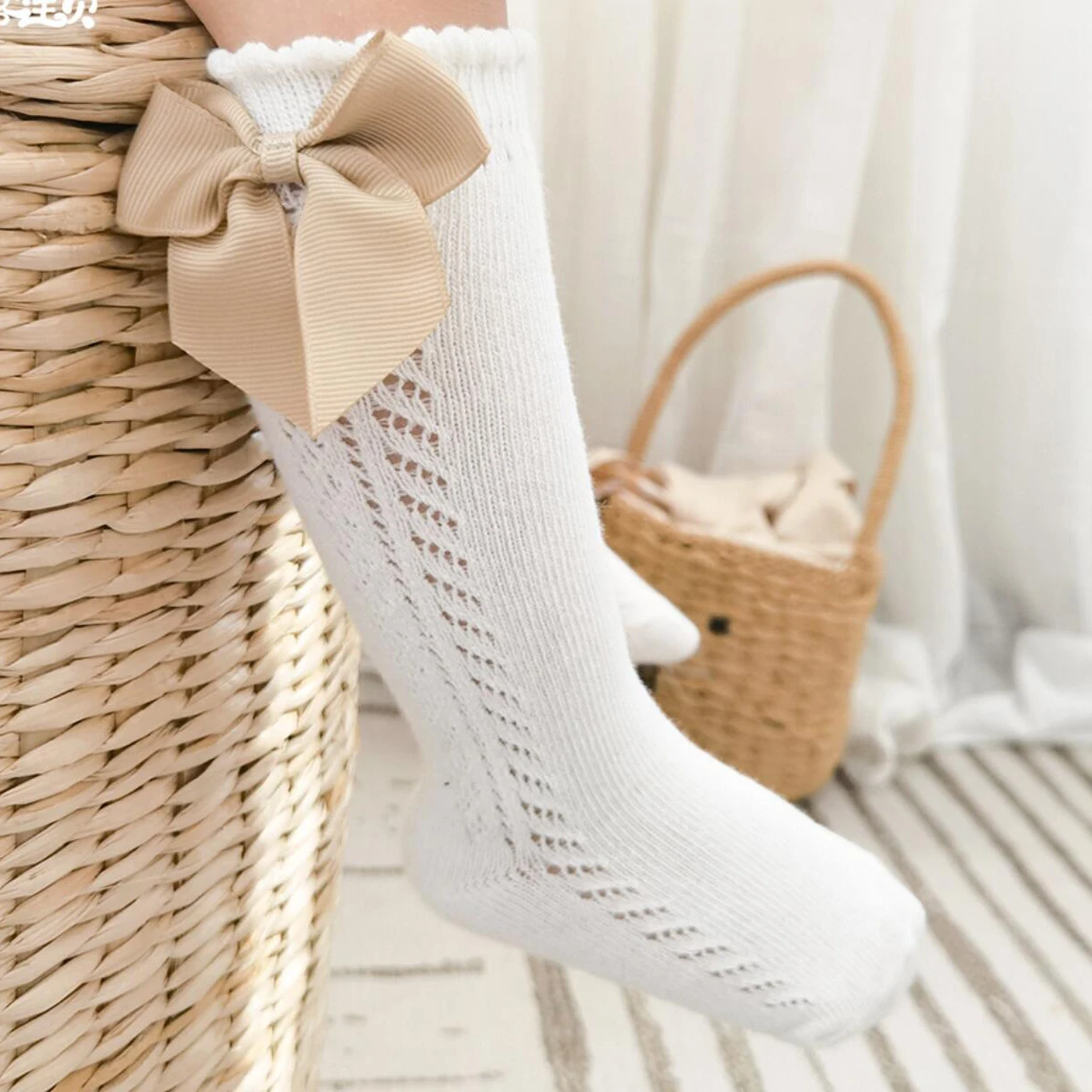

Spanish Style Cotton Mesh Long Socks for Girls Clothing Summer Vintage Bowknot Design Kids Knee High Socks Children Leg Warmers