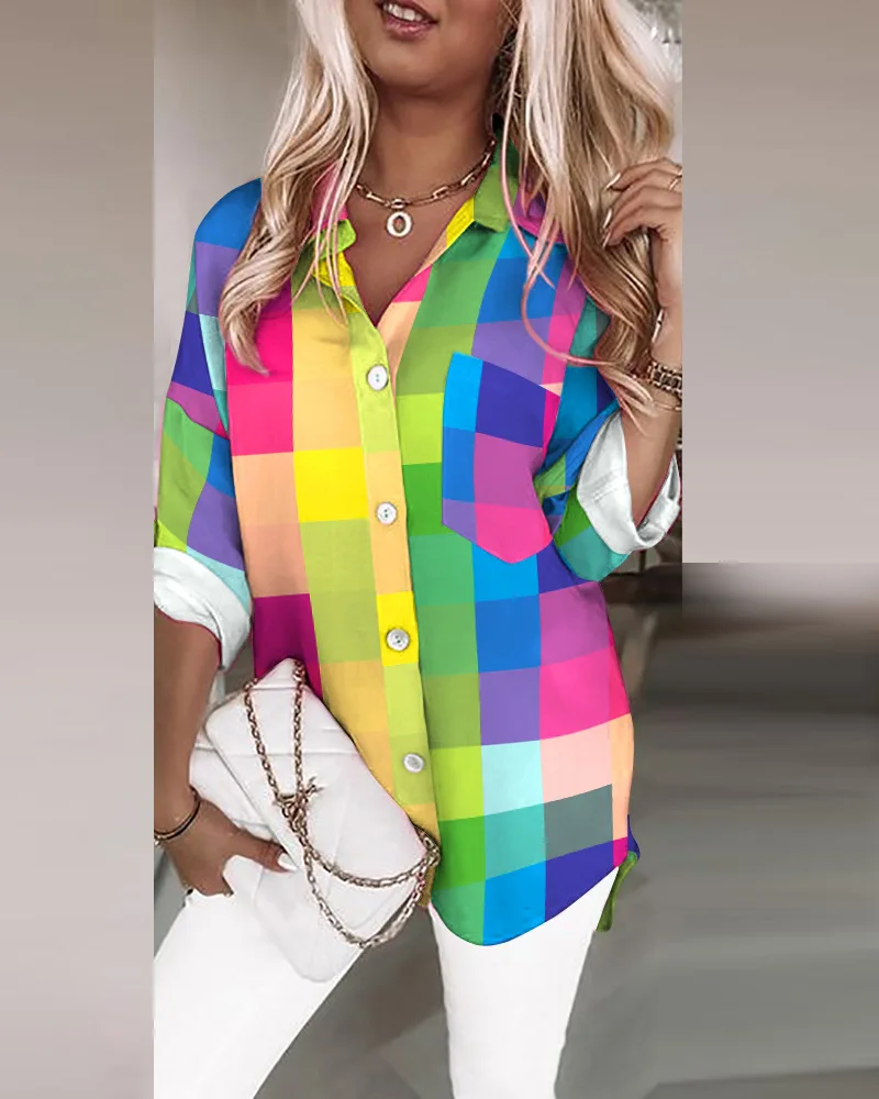 

Women Shirt Color Print Plaid Backless Chain Lapel Fashion Long Sleeve Loose Single-breasted Pocket Loose Casual Spring Summer