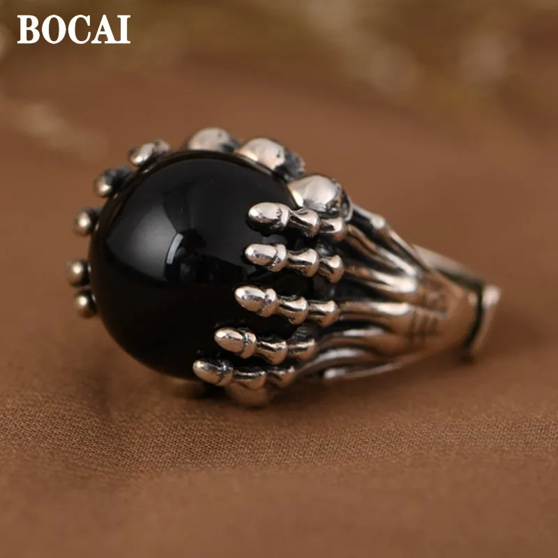 

Ювелирные изделия BOCAI из серебра S925 пробы, аксессуары в стиле ретро, модная голова скелета, ручной Когтевран, инкрустированное агатом, открытое мужское кольцо
