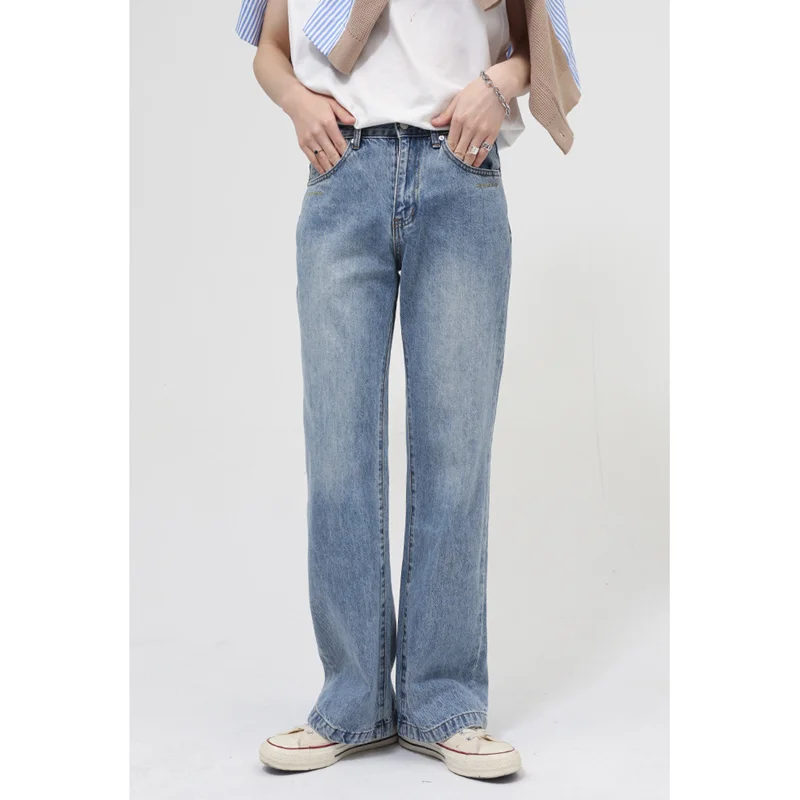 Streetwear Men 2022 New Style Vintage Recreational Blue Jeans Loose Straight Cylinder Broad Leg Micro Flare Pants Autumn Female