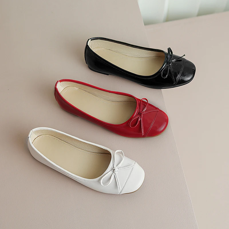 NewCurve Ballet Flats Classic Shoes Cow Leather Round Toe Ballet Shoes Super Soft Low Heel Slip-On Fashion Flats Women Shoes