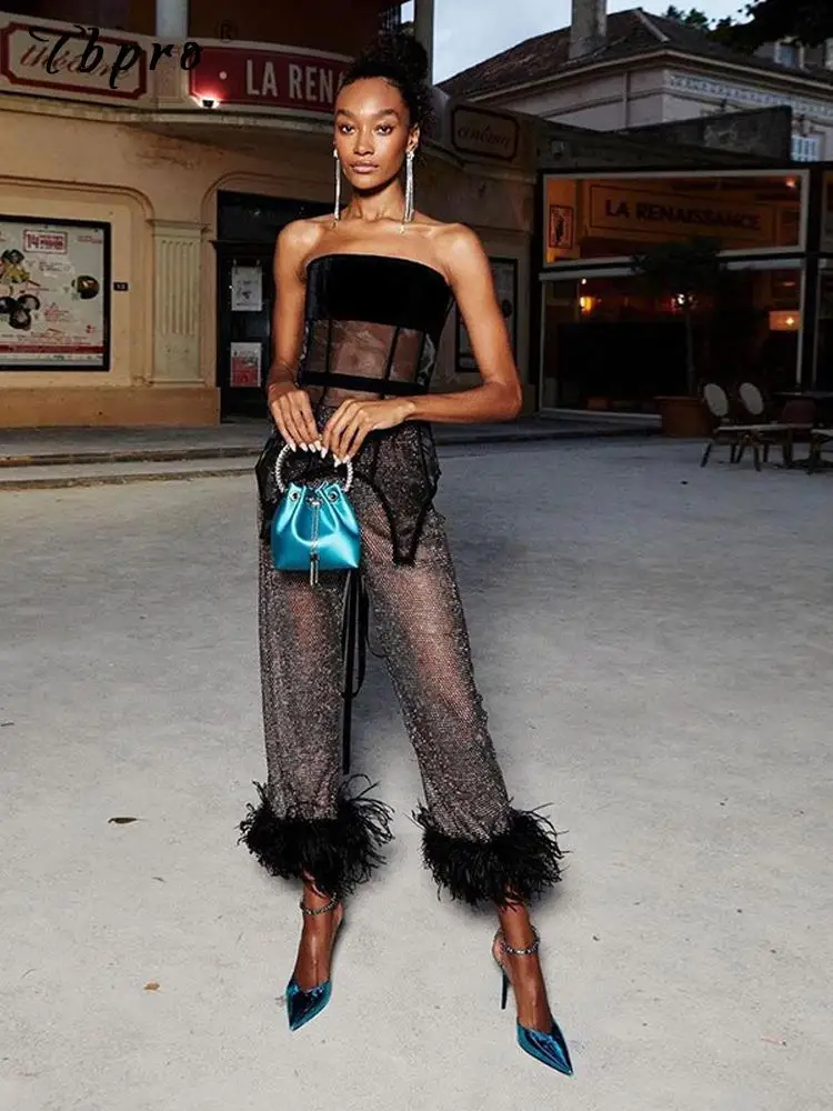 

Женские блестящие прозрачные брюки с перьями, пикантные модные леггинсы с высокой талией, прямые штаны, лето 2022, женская одежда для паба