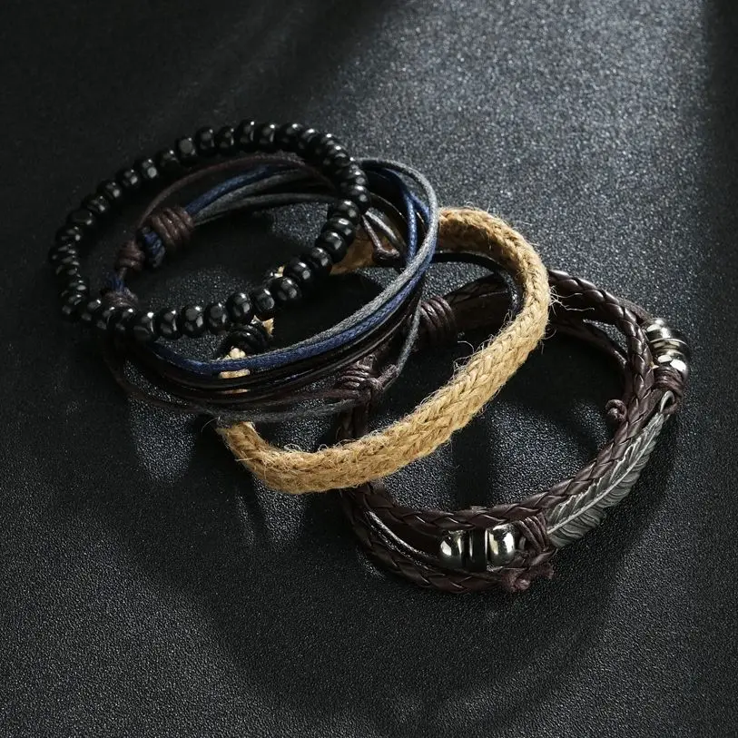 

4Pcs/Set Trendy Handmade Leather Bracelets For Men Women Leaf Charm Multilayer Braided Rope Bangles Birthday Gift Gothic Jewelry