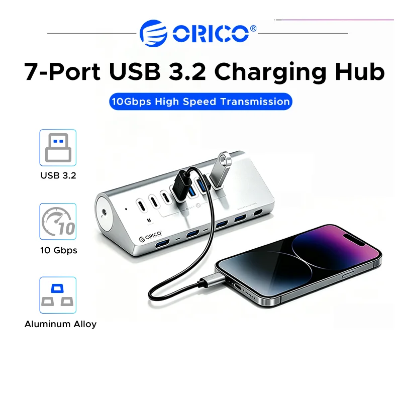 Фото Многофункциональный док-хаб ORICO USB 3.2 10 Гбит/с с 4/7 портами, разветвителем Type-C и адаптером для зарядки PD60W для ПК и ноутбуков №1