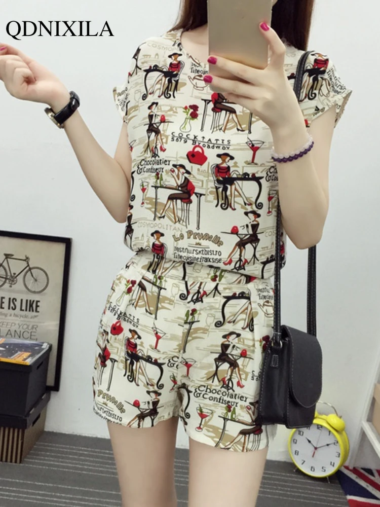 

2023 Summer Loose Oversized Sweet Elegant Printed Women's Shorts Set Casual Fashion Short Sleeved Top T-shirt Shorts 2-piece Set