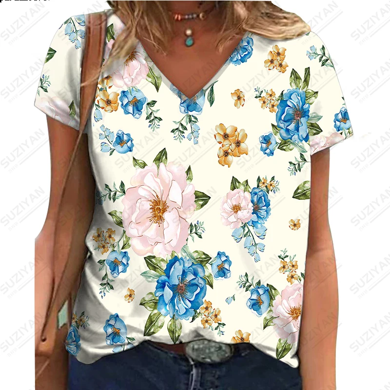 

2023 Women's Summer New Fashion Colorful Fragmented 3D Digital Printing Short Sleeve T-shirt Women's V-neck Casual Commuter Top