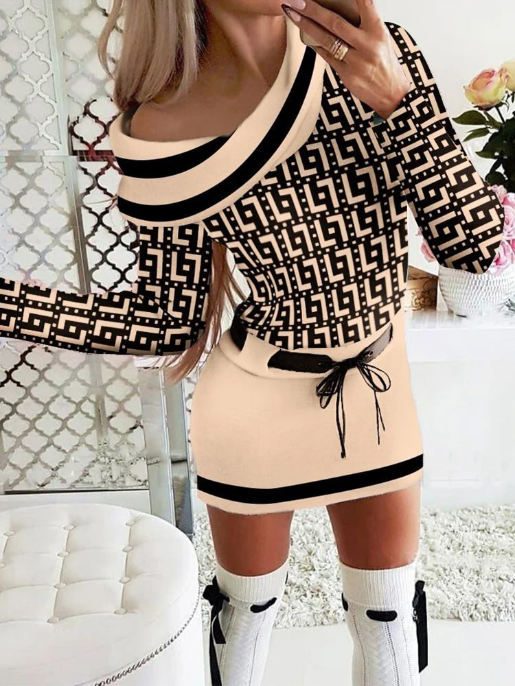 

Dress For Women 2022 Autumn Casual Geometric Print Belted Long Sleeve Dress Vestidos De Mujer Elegant Boho Mini Robe Female