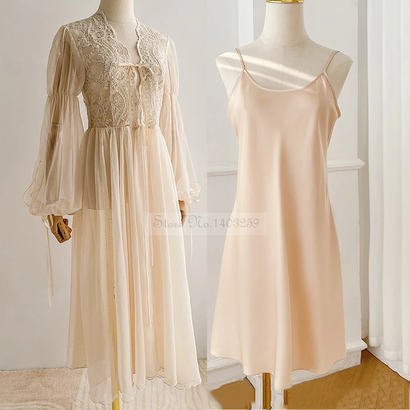 

Lace Mesh Perspective Sleepwear Set French Elegant Bride Wedding Robe Spaghetti Strap Nightdress Sexy Casual Long Nightgown
