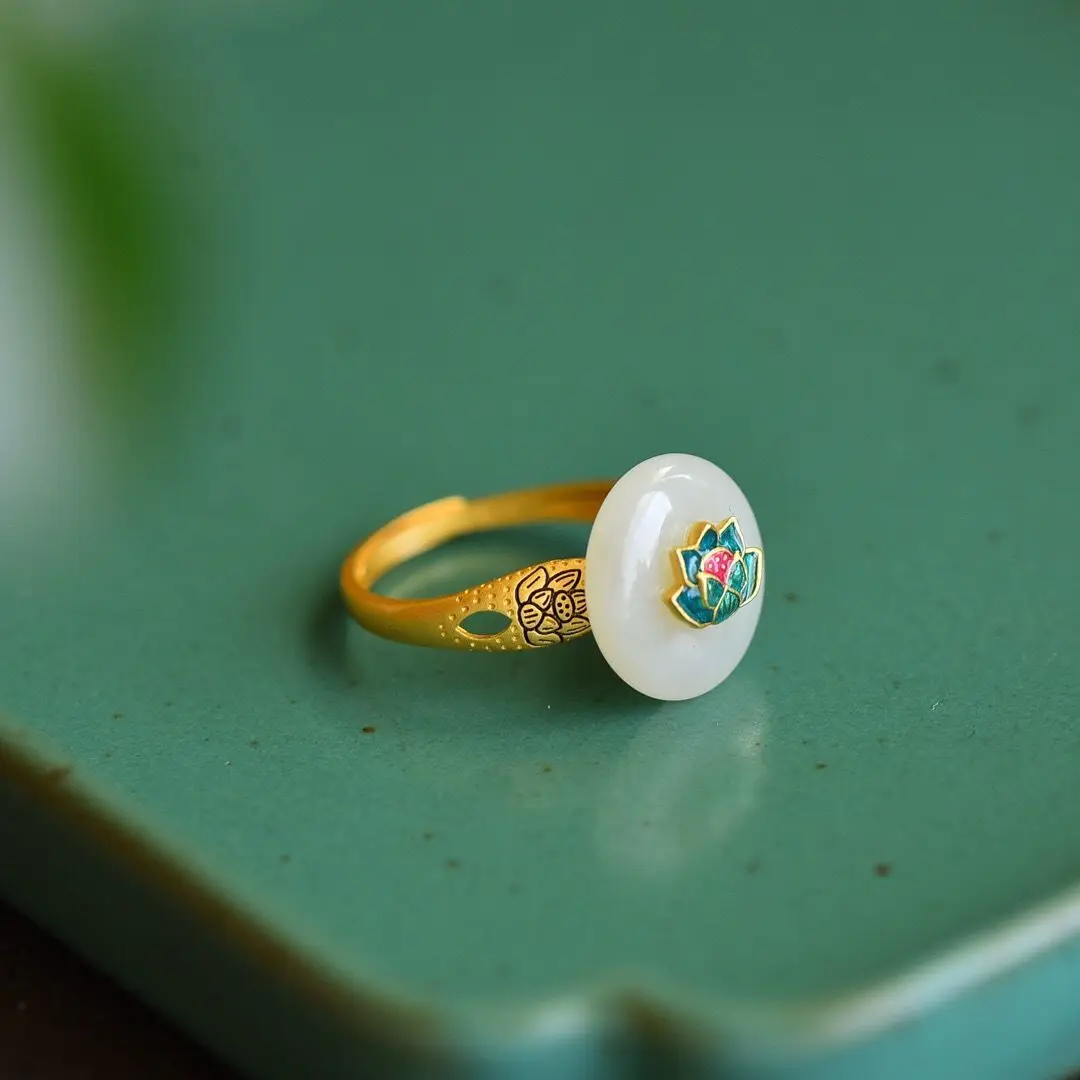 Кольцо из натурального белого нефрита Хэтянь с лотосом S925 стерлингового серебра в ретро-стиле дворца, безопасный подарок для матери.