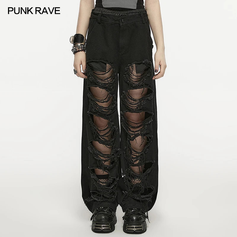PUNK RAVE Women's Elastic Waist Denim Hip-hop Pants Large-area Rips Personalized Casual Loose Trousers Summer Autumn