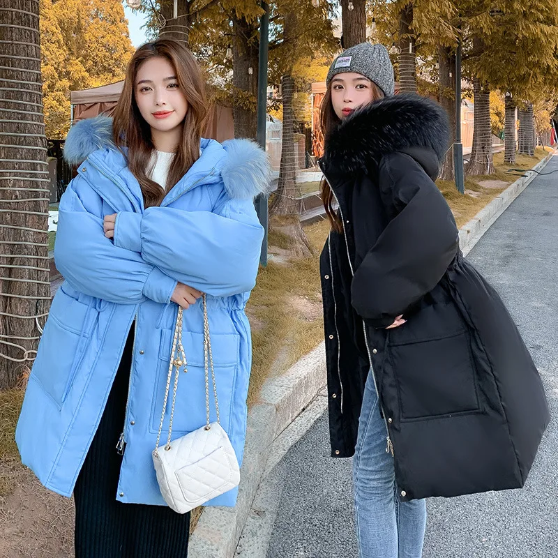 Raccoon Fur Collar Hooded Down Jacket coat Women Clothing Coat 90% White Duck Slim Fit Thickening Large Waist Drawstring Parkas
