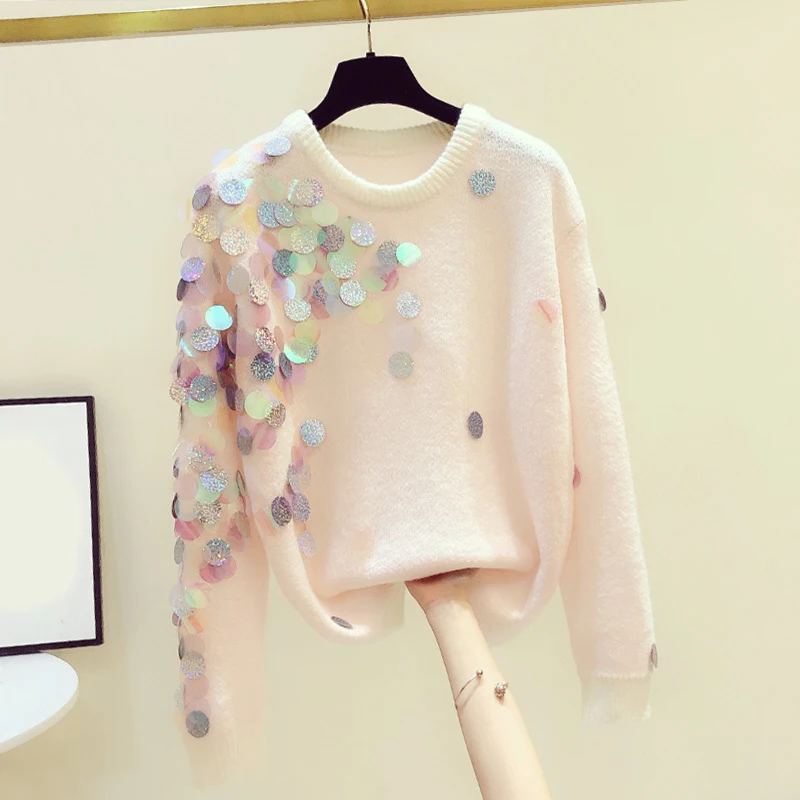 

Autumn Winter New Knitted Women Sweater Pullovers Loose Shine Sequined Lady Elegant Pulls Outwear Tops